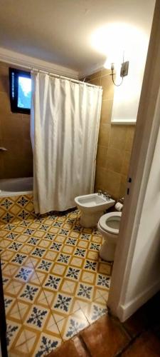 a bathroom with a toilet and a shower curtain at Las Moras Hotel in San Lorenzo