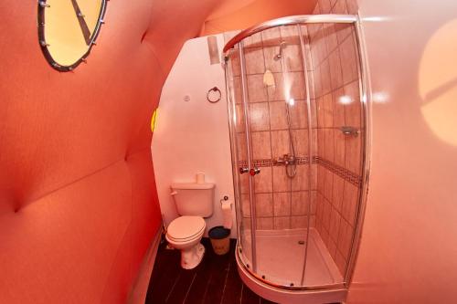 a bathroom with a toilet and a glass shower at Vista Pedra Glamping in Potrerillos