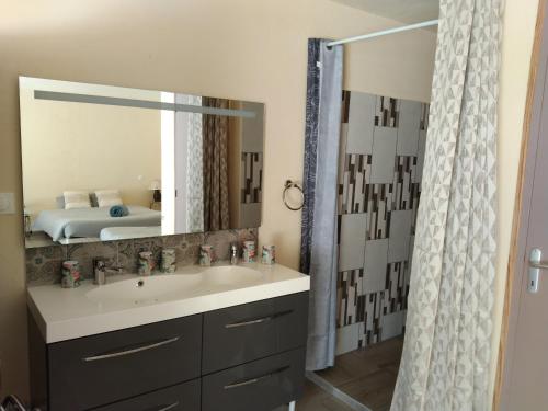 une salle de bain avec un lavabo et un miroir dans l'établissement Le Domaine de la plume, à La Gimond