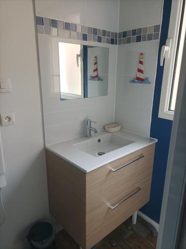 une salle de bain avec un lavabo et un miroir dans l'établissement Maison de pêcheur, à Perros-Guirec