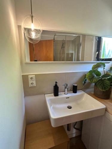 a bathroom with a white sink and a mirror at EifelZeit 1 in Kall