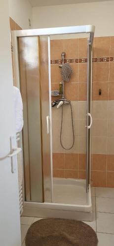 une douche avec une porte vitrée dans une salle de bain dans l'établissement Très charmante maison de ville au coeur du village, à Murato