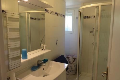 une salle de bain avec un lavabo et une douche dans l'établissement La Péguière, à Saint-Raphaël