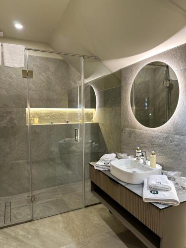 a bathroom with a glass shower and a sink at Rarău Retreat in Câmpulung Moldovenesc