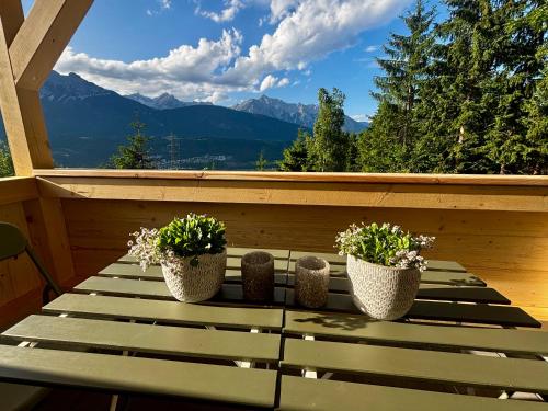 three potted plants sitting on a table on a balcony at KARWENDELBLICK - ein idyllischer Wohlfühlort in Wattenberg