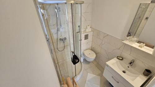 a bathroom with a shower and a toilet and a sink at Acapella soba in Crikvenica
