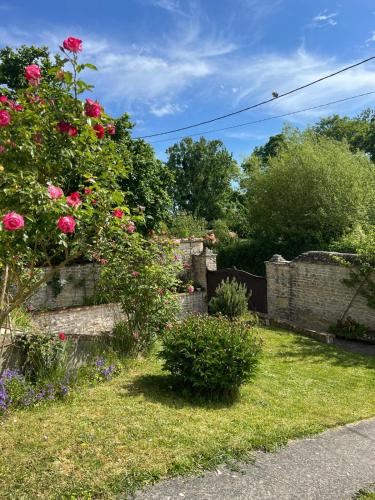 un jardin avec des roses roses et une clôture dans l'établissement Fabuleux studio à 2 pas du Canal de l'Orne, à Hérouville-Saint-Clair