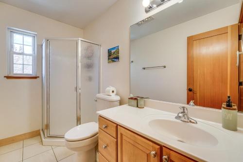 a bathroom with a sink and a toilet and a shower at Private Hot Tub Spacious Family Home in Truckee! in Truckee
