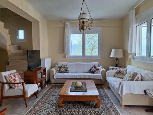 Гостиная зона в 4BR Trekkers Retreat in Spilaio Grevena