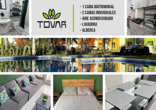 a collage of photos with a pool and a hotel at Bonito departamento en privada con alberca in Cancún