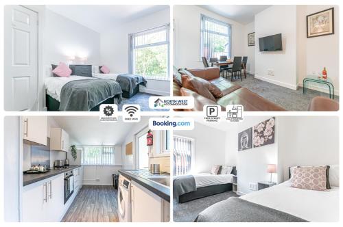 a collage of photos of a bedroom and a living room at Spacious 3 BR House in PR6 Free Parking & WiFi Sleeps 6 in Chorley