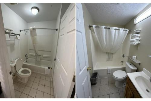 a bathroom with a toilet and a shower and a sink at Hotel O Englewood-South Denver CO in Englewood