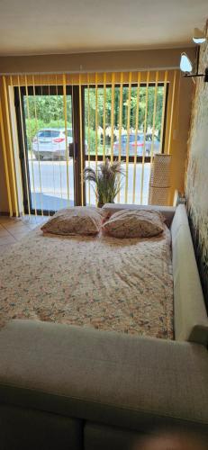 a bed with two pillows on it in a bedroom at Les oiseaux du lac in Prémilhat