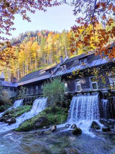 a house next to a waterfall next to a river at Familienbauernhof Imitz, Ferienwohnung in Spital am Pyhrn