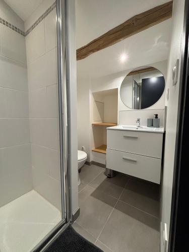 une salle de bain avec une douche, un lavabo et des toilettes dans l'établissement Appartement cosy et équipé, à Saint-Porquier