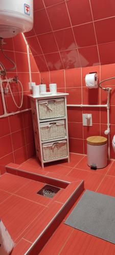 a red tiled bathroom with a sink and a toilet at Hilltop cabin in Podgorica