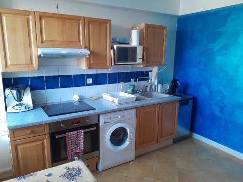 une cuisine avec un lave-linge et un micro-ondes dans l'établissement le montagne, à Briançon