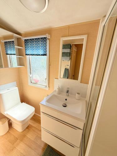 a bathroom with a white sink and a toilet at Skigh Cabin in St. Andrews