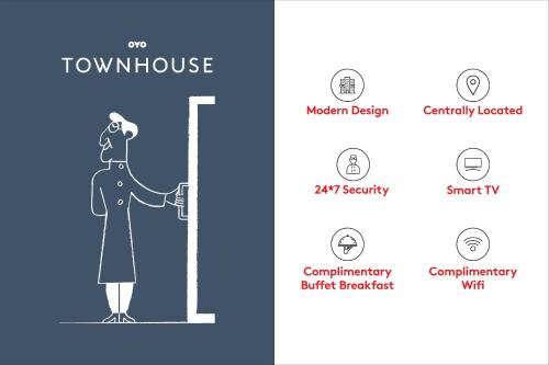 a set of two banners with a woman in a coat standing at the door at Super Townhouse RCC Elite in Hyderabad