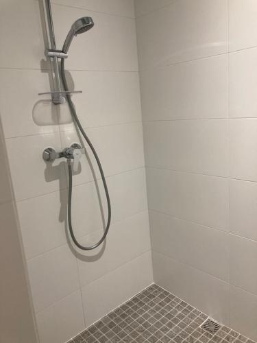 a shower with a shower head in a bathroom at Gîte des Vignes in Archiac