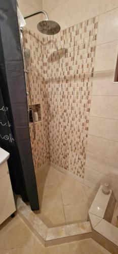 a bathroom with a shower with a tiled wall at Panorama house in Sarajevo