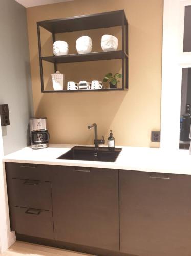 a kitchen with a sink and a shelf with dishes at Solheimhuset - feriehus nær Tjøme og VerdensEnde in Tokenes
