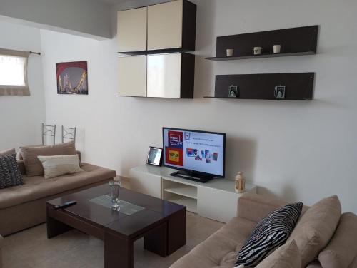a living room with a couch and a tv at Kyriaki's Studio Aigina in Souvala