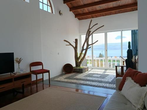 a living room with a couch and a television at Dutra's House in Horta
