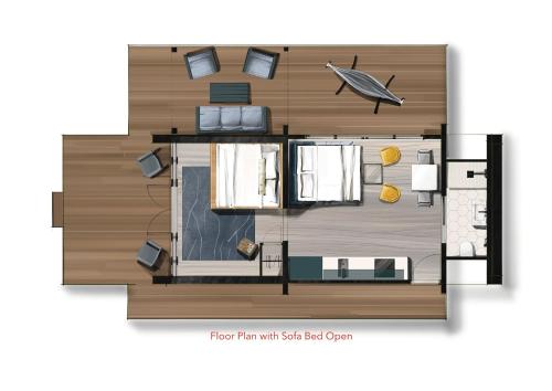a floor plan with a yacht bedded room at Stardust Big Bend Luxury A-Frame#10 with a fab view in Terlingua