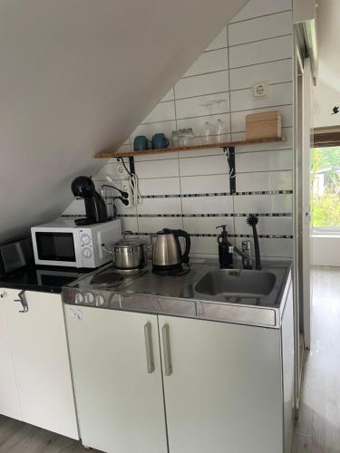 a kitchen with a sink and a microwave at Sea-Inspired Suite for You and Your Pet in Öjersjö