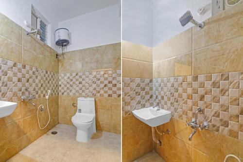 two pictures of a bathroom with a toilet and a sink at Super Townhouse Che Sigma in Hyderabad