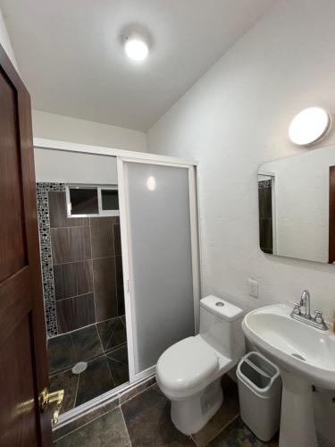 a bathroom with a toilet and a sink and a shower at La flor in Jiutepec