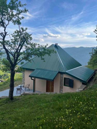 a green roofed house with a table and a tree at Kota 1120 in Mojkovac