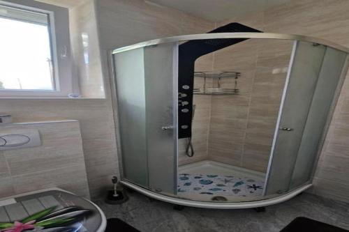 a shower with a glass door in a bathroom at Apartment Gracac - Two Bedroom Apartment with Terrace in Gračac