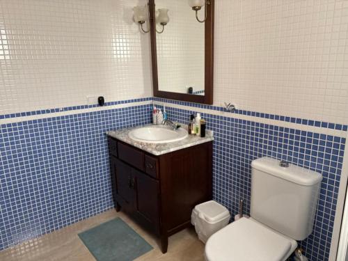 Un baño con inodoro, lavabo y espejo. en Holiday Home in Vera near Vera Playa, en Vera