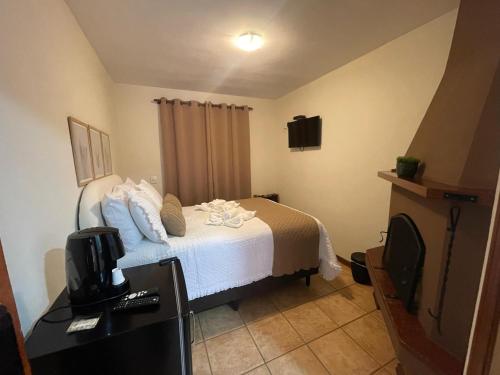 a hotel room with a bed and a television at Pousada Flor de Lua Monte Verde in Monte Verde