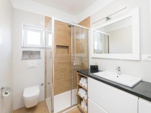 a bathroom with a toilet and a sink and a shower at Mihael Holiday House - Three Bedroom Holiday Home with jacuzzi in Zadar