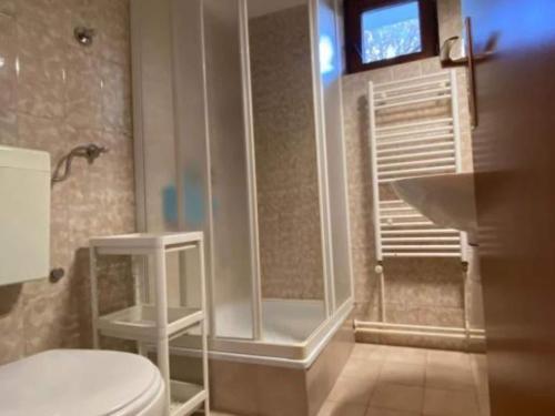 a bathroom with a shower and a toilet and a sink at Three Bedroom Apartment with Terrace in Seget Vranjica