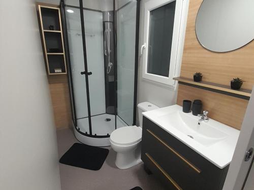 a bathroom with a shower and a toilet and a sink at Gabrijela House - House in Pirovac