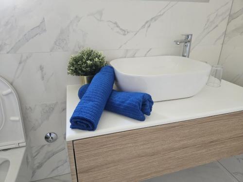 a bathroom with a sink and blue towels on a counter at Vlla Magnolia Pirovac in Pirovac
