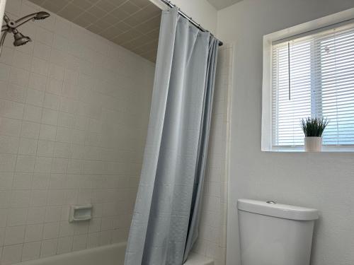 a bathroom with a shower curtain and a toilet at Charming Suite with privacy in Sacramento