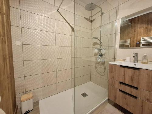 une salle de bain avec douche et lavabo dans l'établissement T2 cabine lumineux avec terrasse proche commerces et pistes - FR-1-592-86, à Font-Romeu