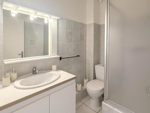 une salle de bain avec un lavabo, des toilettes et un miroir dans l'établissement Appartement T2 avec Climatisation à Argelès-sur-Mer - FR-1-732-96, à Argelès-sur-Mer