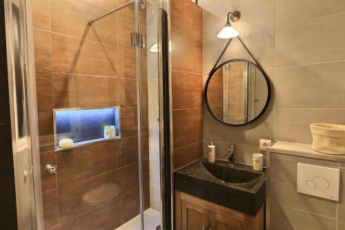 une salle de bain avec une douche avec un lavabo et un miroir dans l'établissement Duplex de Luxe, à Paris