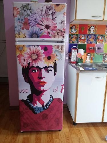 a refrigerator with a painting of a woman with flowers on it at Casa 24 Puerto Iguazu in Puerto Iguazú