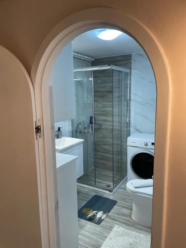 a bathroom with a glass shower and a toilet at Peculiar Garden Apartment in Mytilini