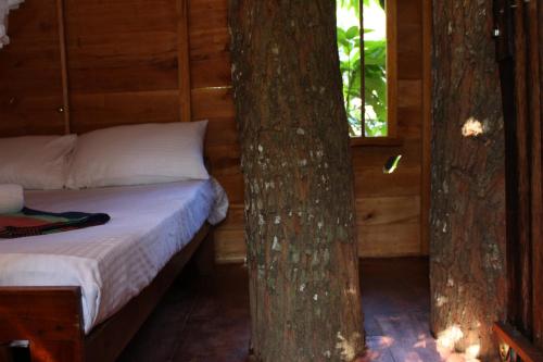 a bedroom with a bed next to a tree at Tree House-Midigama in Weligama
