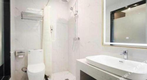 a bathroom with a sink and a toilet and a mirror at Pai Hotel Xi'an Electronic Zheng Street in Xi'an