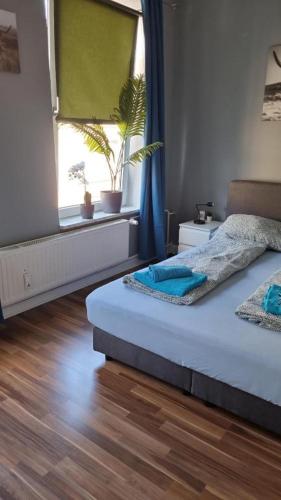 a bedroom with a bed and a window with plants at Stadtnah an der Förde 7502 E in Flensburg