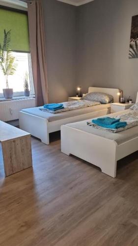 a room with three beds and a window at Stadtnah an der Förde 7502 E in Flensburg